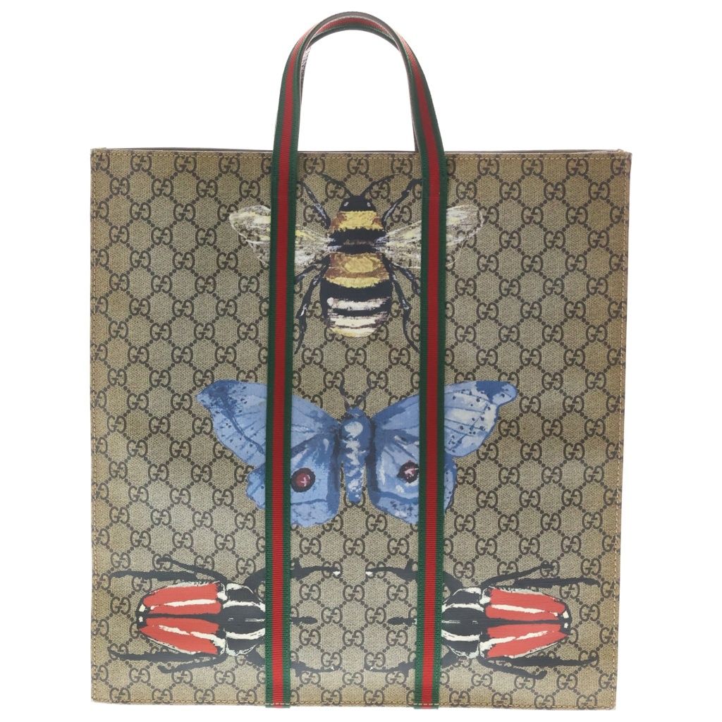 Gucci GG Supreme Sherry Line Insect Print Leather Tote Beige Dark Brown