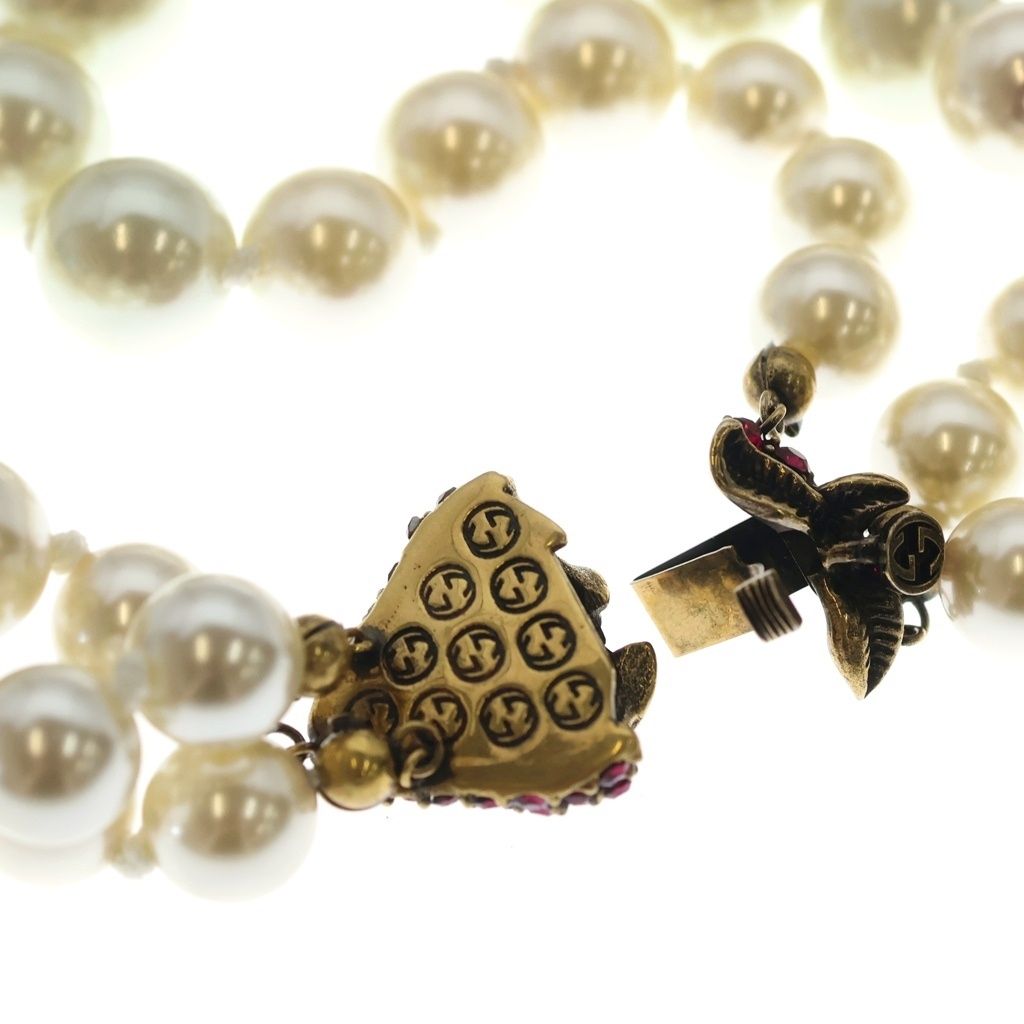 Gucci Pearl Necklace Triple Strand with Closure Interlocking Color Stone Faux — view 5