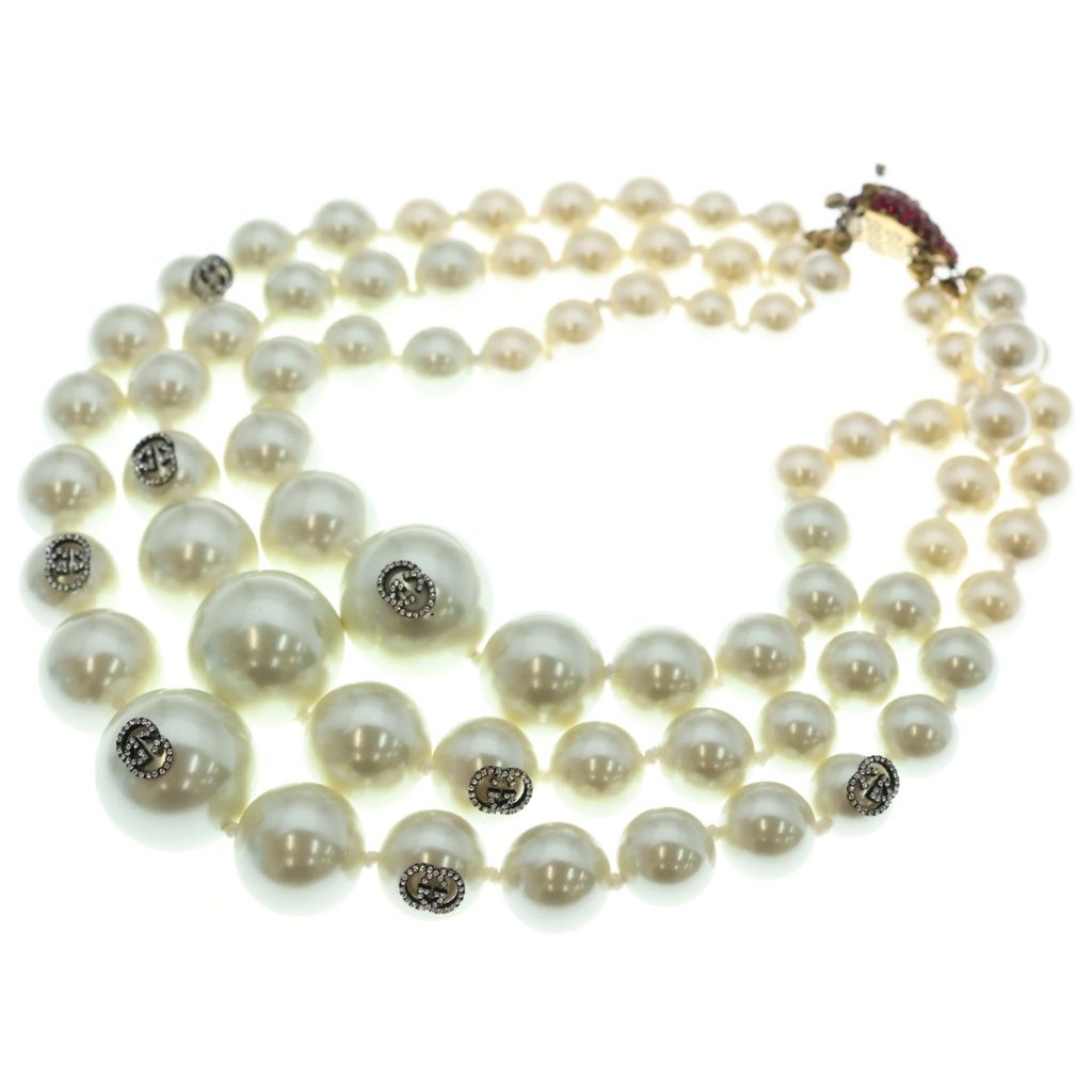 Gucci Pearl Necklace Triple Strand with Closure Interlocking Color Stone Faux — view 2