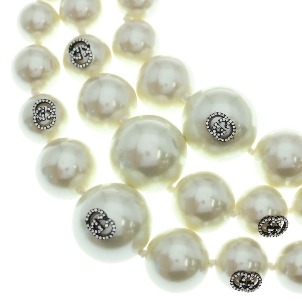 Gucci Pearl Necklace Triple Strand with Closure Interlocking Color Stone Faux
