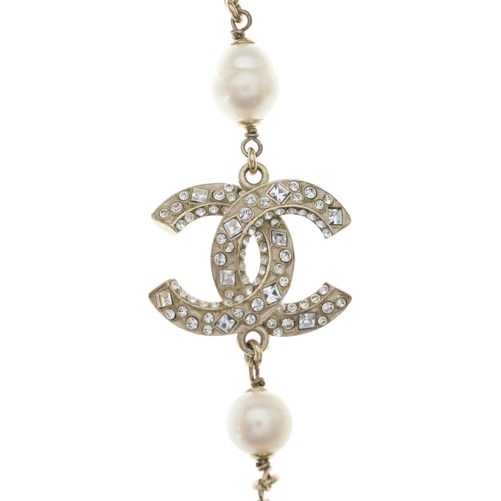 Chanel CC Logo Rhinestone Long Necklace Faux Pearl Gold Plated — view 3