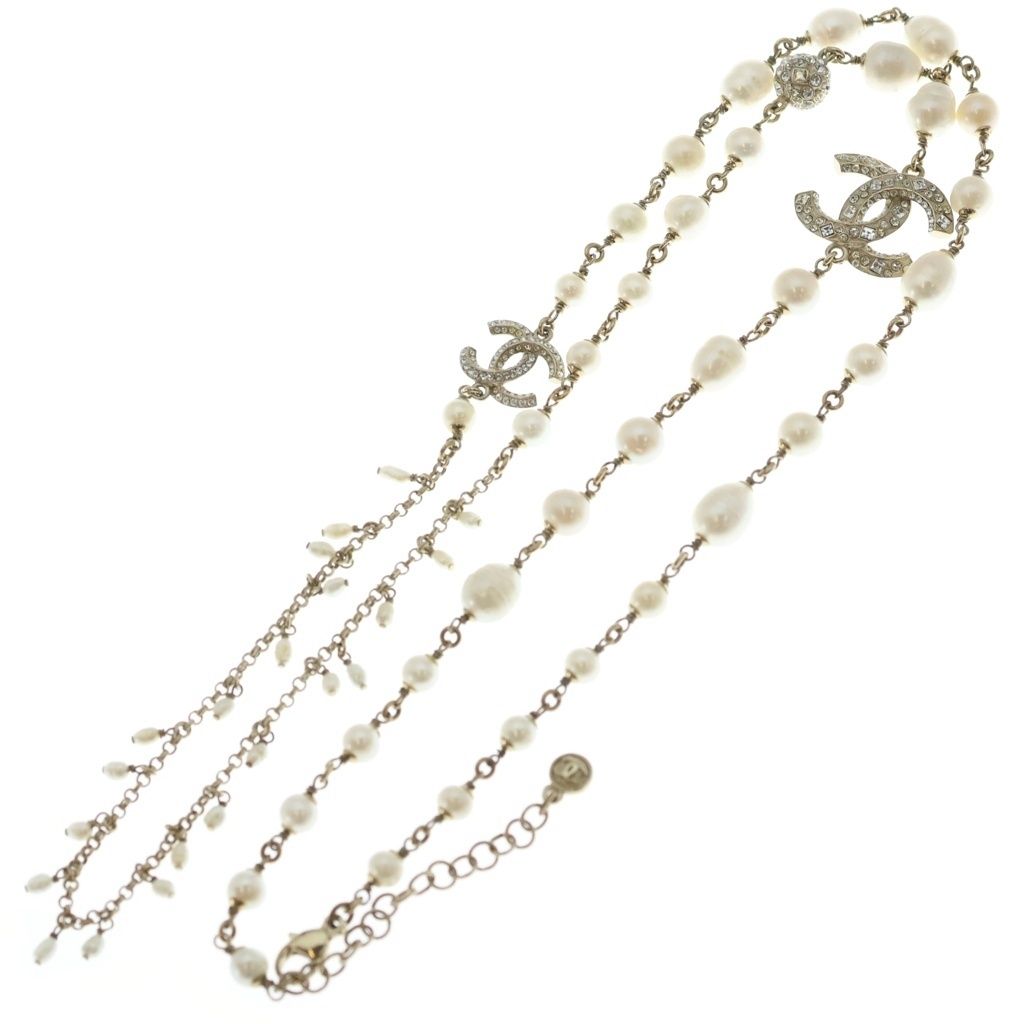 Chanel CC Logo Rhinestone Long Necklace Faux Pearl Gold Plated — view 2