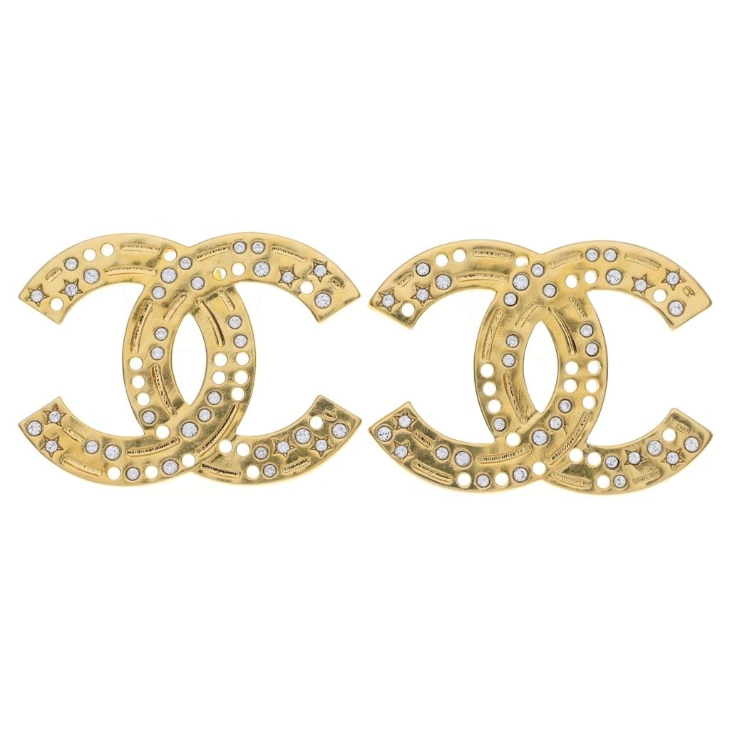 Chanel CC Logo Rhinestone Earrings Gold 24k