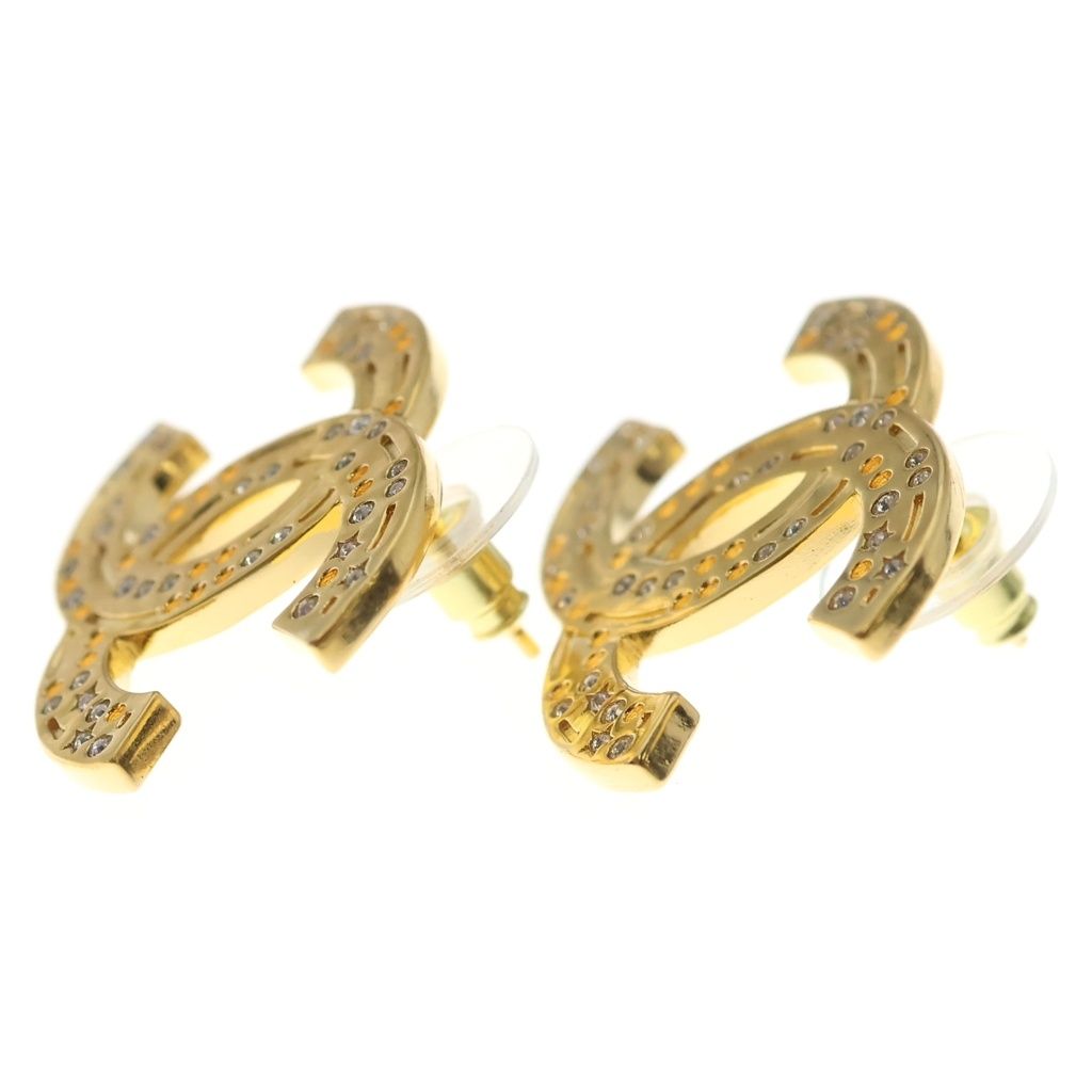 Chanel CC Logo Rhinestone Earrings Gold 24k — view 3