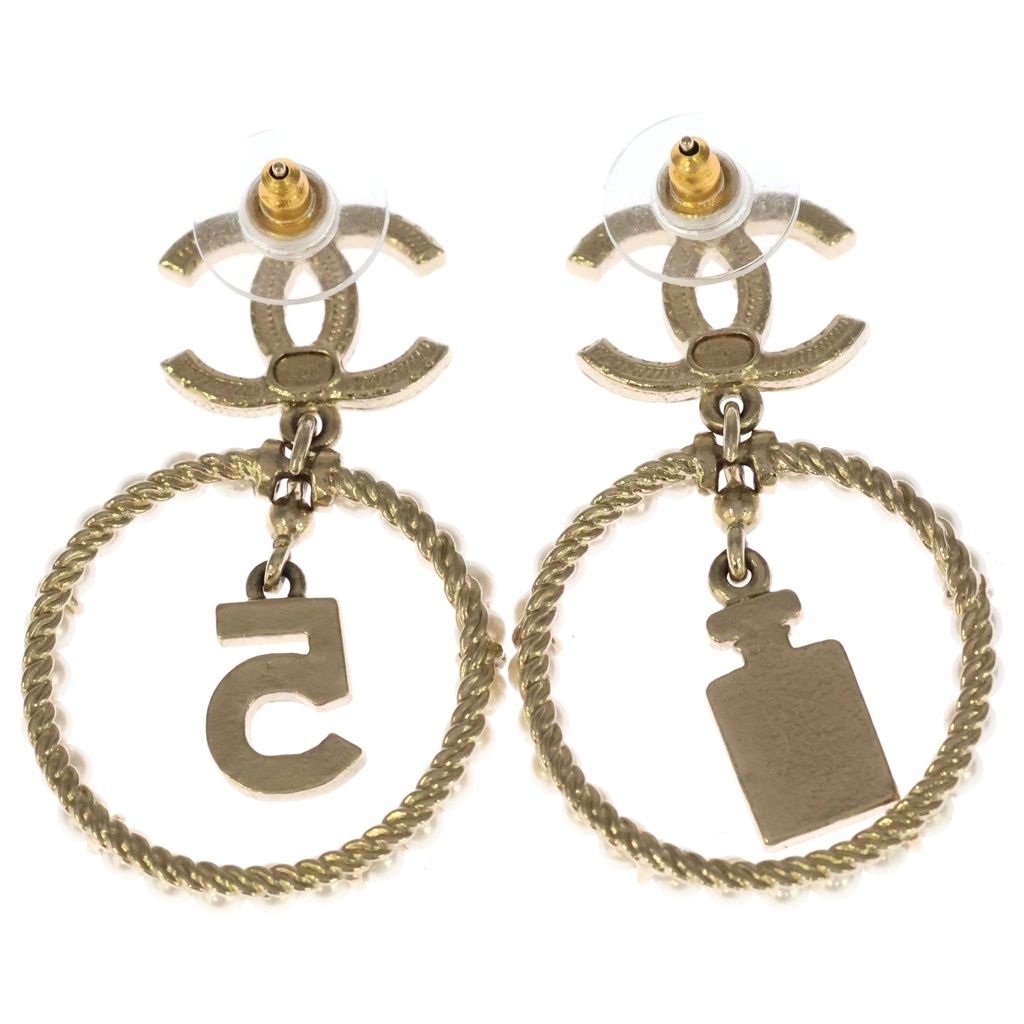Chanel CC Logo Perfume Faux Pearl Rhinestone Earrings Gold — view 2