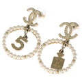 Chanel CC Logo Perfume Faux Pearl Rhinestone Earrings Gold