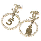Chanel CC Logo Perfume Faux Pearl Rhinestone Earrings Gold