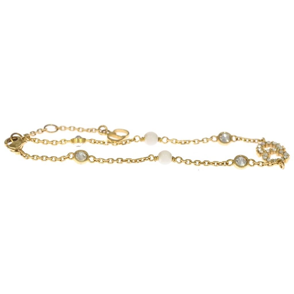 Dior CD Logo Cles Nudi Lune Rhinestone Bracelet Pearl Gold — view 3