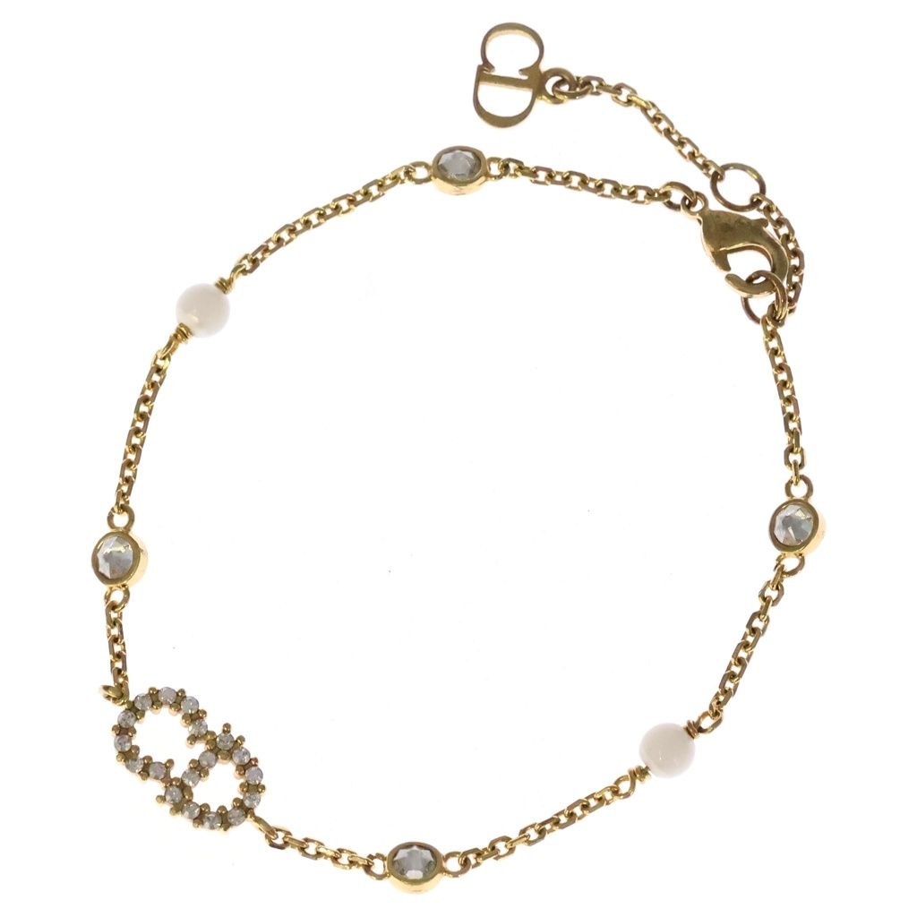 Dior CD Logo Cles Nudi Lune Rhinestone Bracelet Pearl Gold