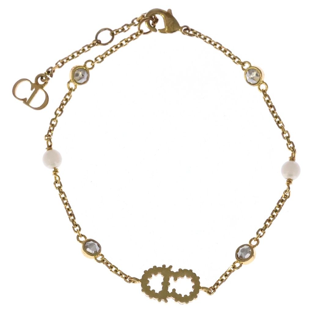 Dior CD Logo Cles Nudi Lune Rhinestone Bracelet Pearl Gold — view 2