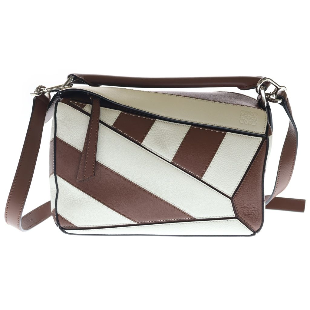 Loewe Puzzle Mini Rugby Shoulder Bag Brown White Leather Silver