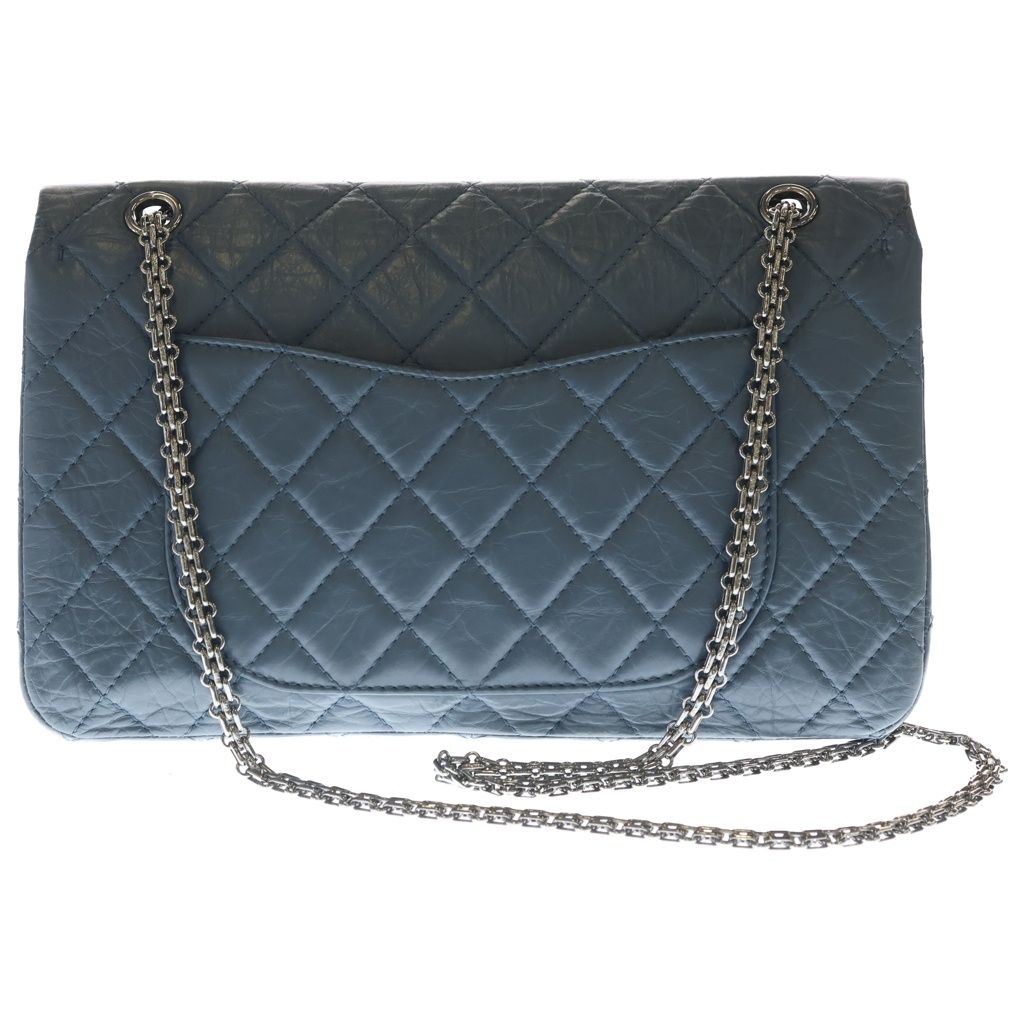Chanel Quilted 2.55 Double Flap Chain Shoulder Bag Smoki Blue Leather Silver — view 2
