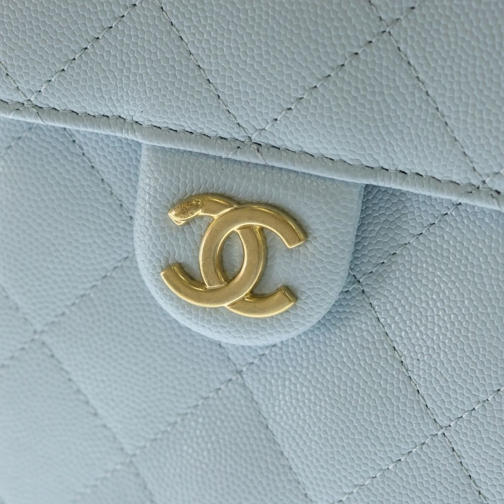 Chanel 25 Small Shoulder Bag Chain Light Blue Caviar Leather Gold — view 7