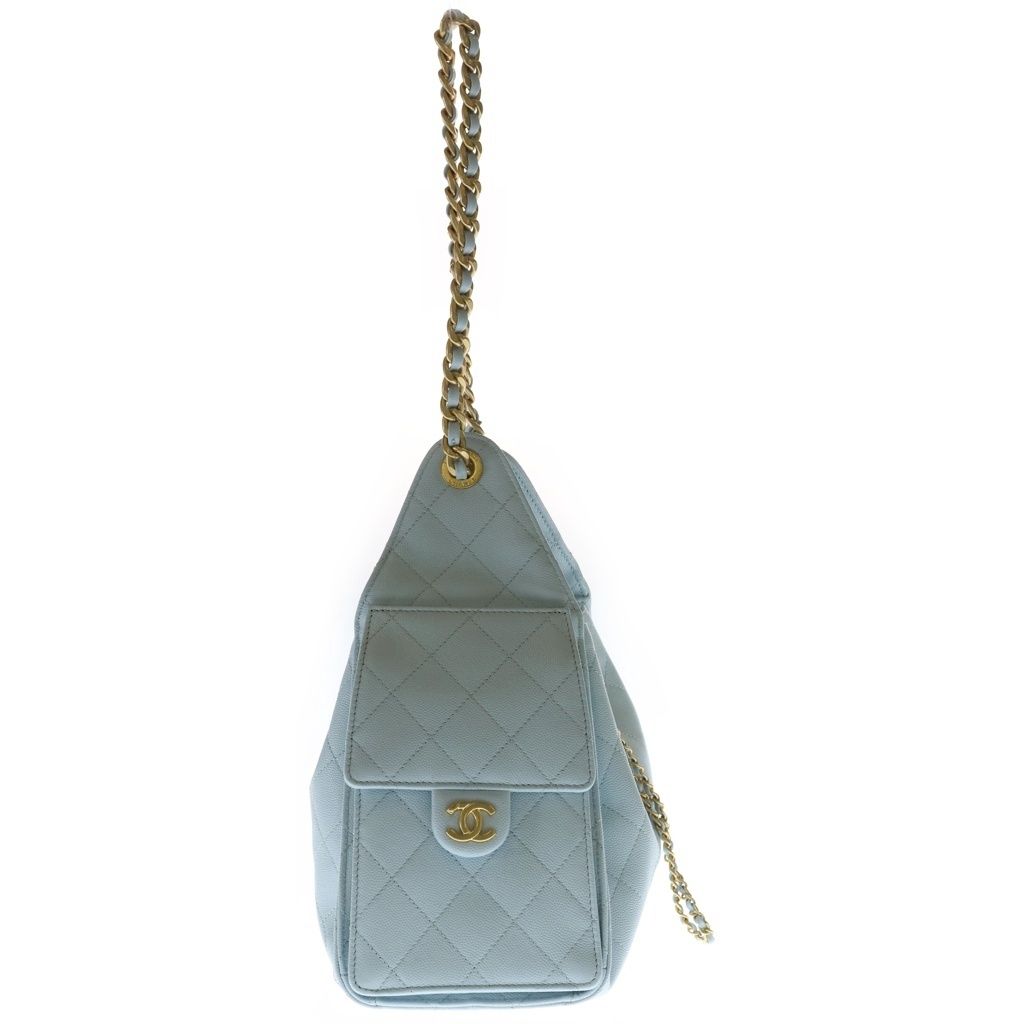 Chanel 25 Small Shoulder Bag Chain Light Blue Caviar Leather Gold — view 3