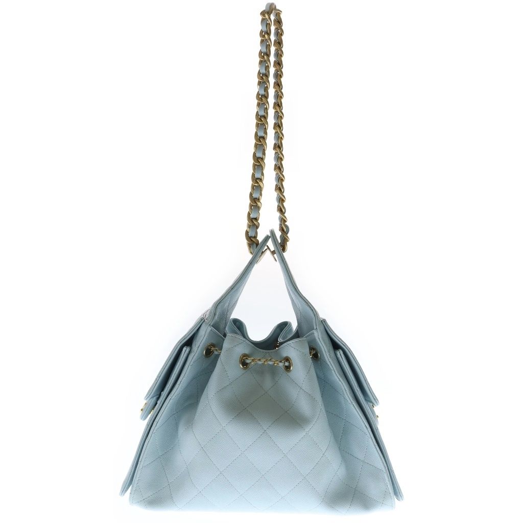 Chanel 25 Small Shoulder Bag Chain Light Blue Caviar Leather Gold — view 2