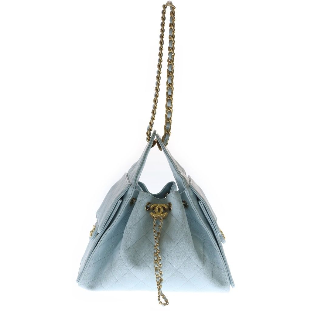 Chanel 25 Small Shoulder Bag Chain Light Blue Caviar Leather Gold