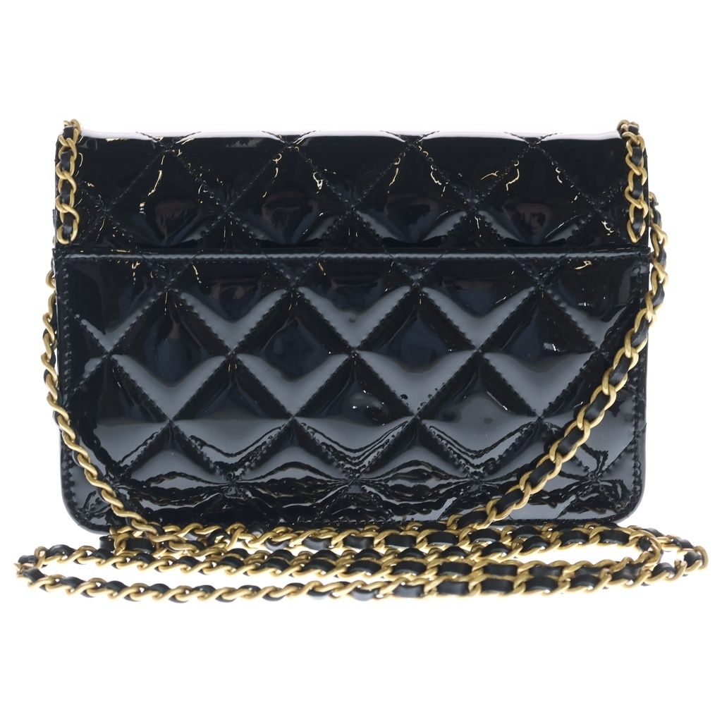 Chanel Quilted Patent Heart Chain Mini Shoulder Bag Black Gold — view 2