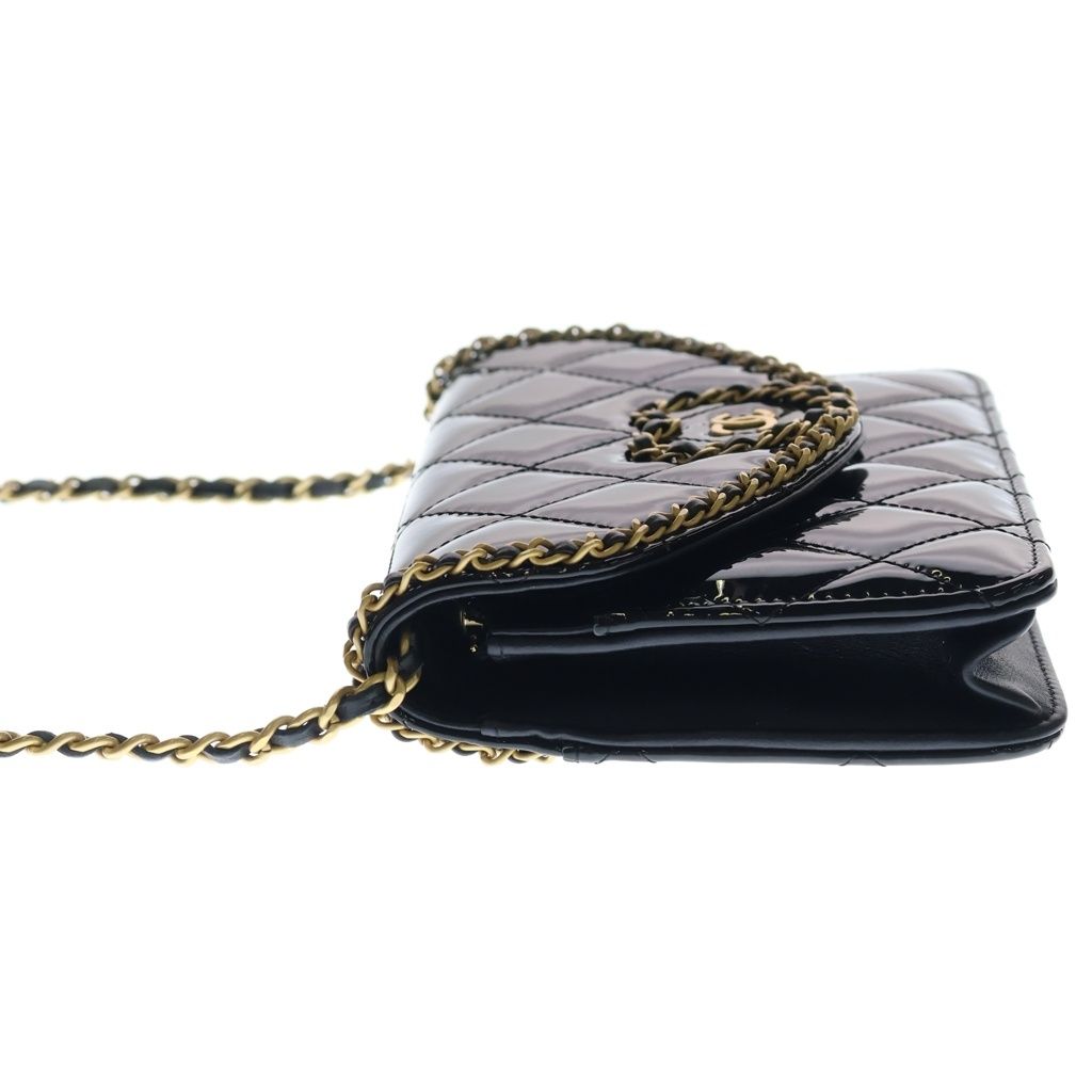 Chanel Quilted Patent Heart Chain Mini Shoulder Bag Black Gold — view 3