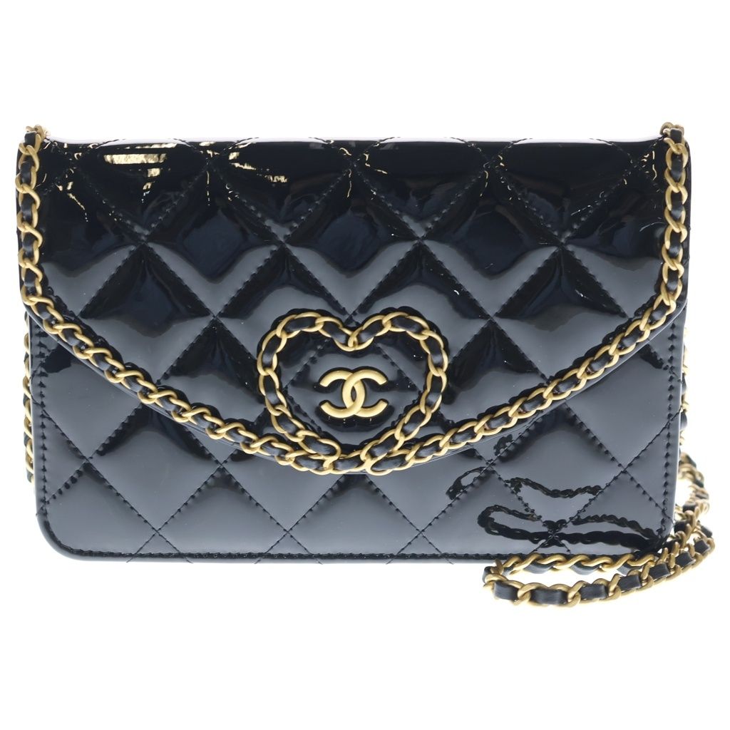 Chanel Quilted Patent Heart Chain Mini Shoulder Bag Black Gold