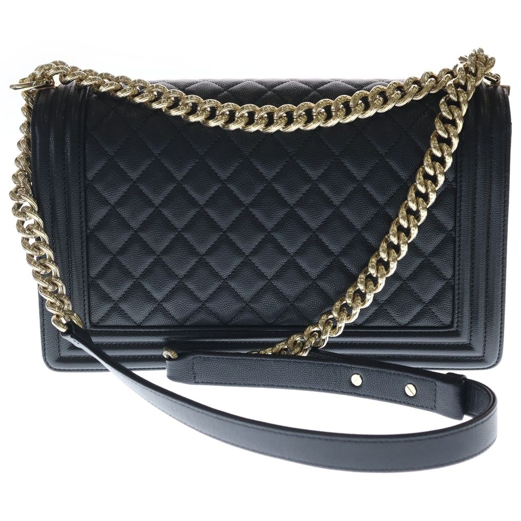 Chanel Boy Chain Shoulder Bag Large Black Caviar Leather Gold — view 2