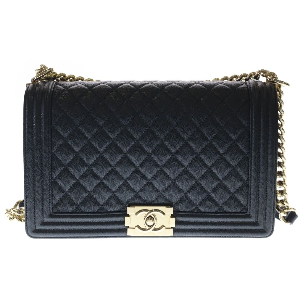 Chanel Boy Chain Shoulder Bag Large Black Caviar Leather Gold
