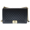 Chanel Boy Chain Shoulder Bag Large Black Caviar Leather Gold