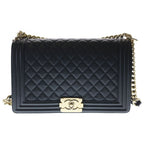 Chanel Boy Chain Shoulder Bag Large Black Caviar Leather Gold