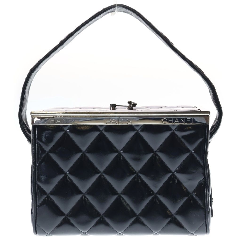 Chanel Quilted Double Door Vanity Bag Handbag Black Patent Silver — view 2