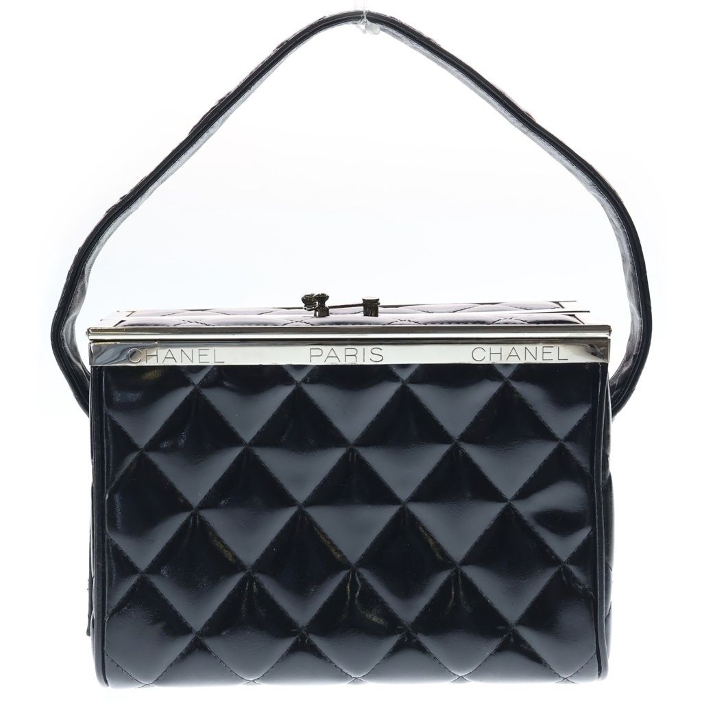 Chanel Quilted Double Door Vanity Bag Handbag Black Patent Silver