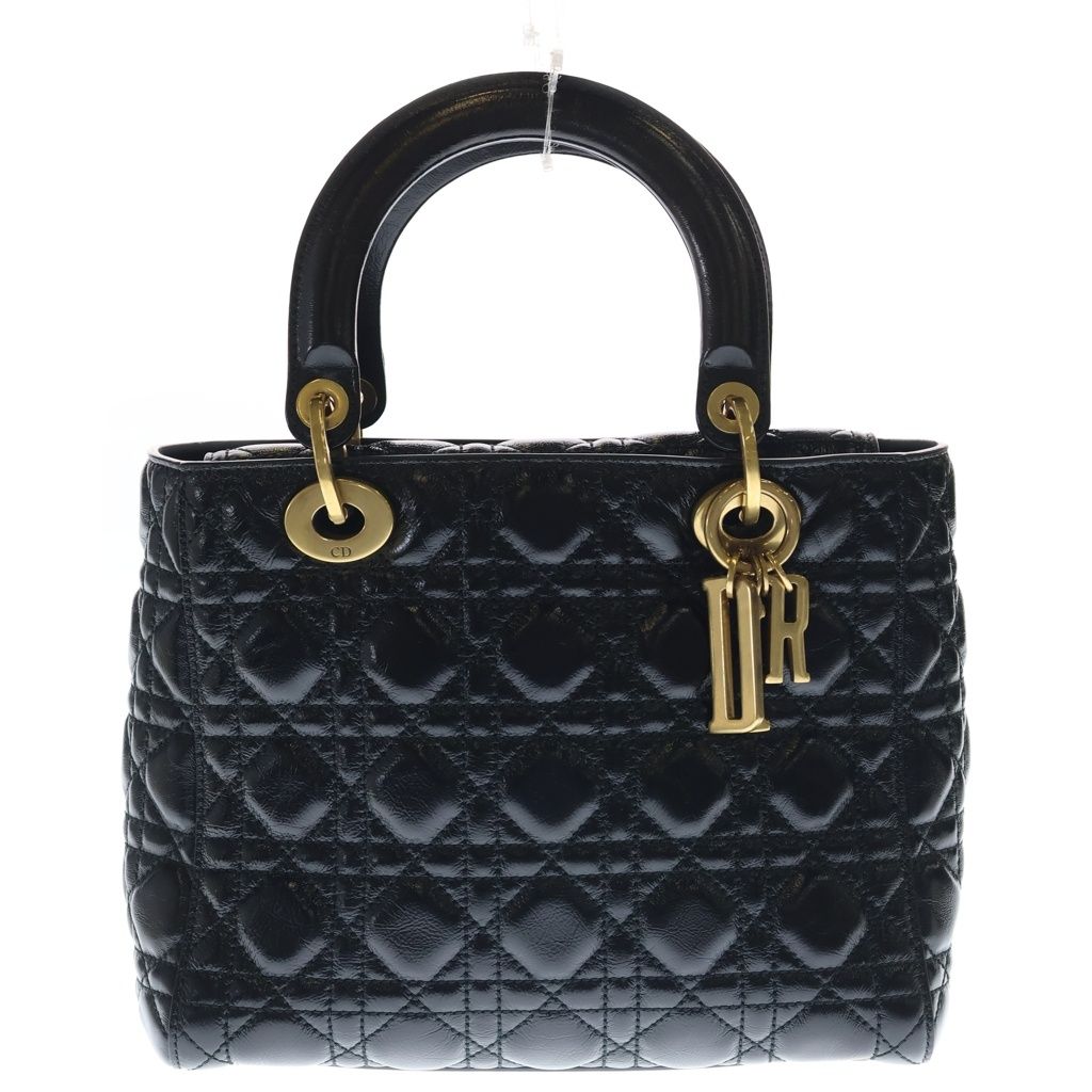 Dior Lady Cannage Shoulder Bag 2-Way Quilted Leather Gold Black