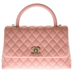 Chanel Quilted Top Handle 2-Way Shoulder Bag Salmon Pink Caviar Leather Gold