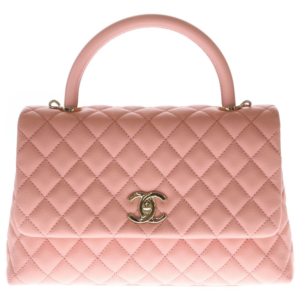 Chanel Quilted Top Handle 2-Way Shoulder Bag Salmon Pink Caviar Leather Gold