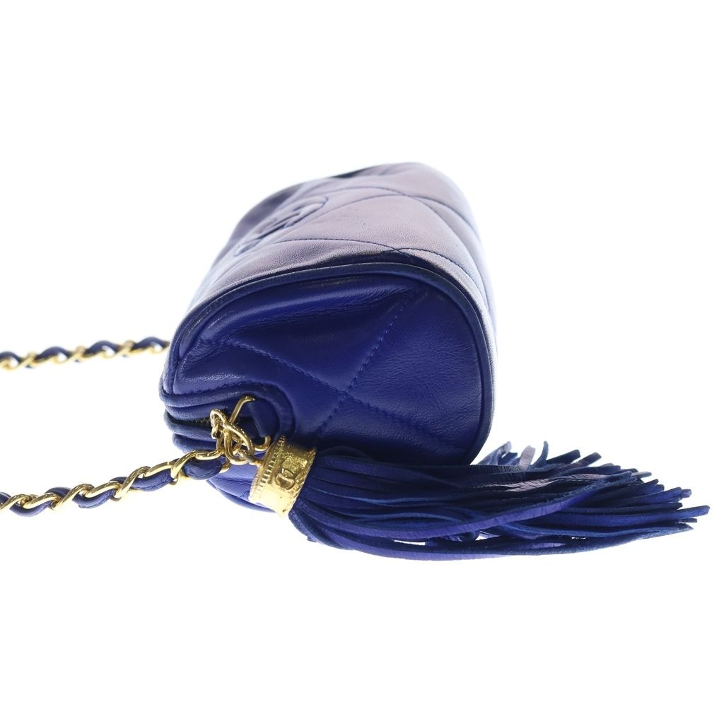 Chanel Quilted Fringe Charm Tassel Mini Chain Shoulder Bag Blue Leather Gold — view 3