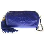 Chanel Quilted Fringe Charm Tassel Mini Chain Shoulder Bag Blue Leather Gold
