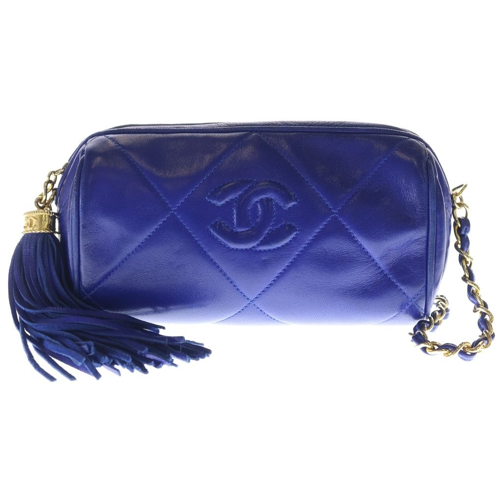 Chanel Quilted Fringe Charm Tassel Mini Chain Shoulder Bag Blue Leather Gold
