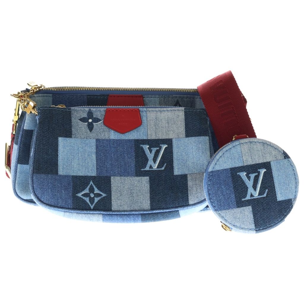 Louis Vuitton Monogram Denim Pochette Shoulder Bag Chain Indigo Blue Red Gold