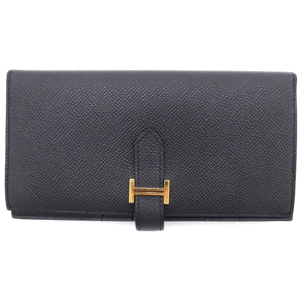 Hermes Bearn Souffle Wallet Card Case Black Leather Epsom Gold