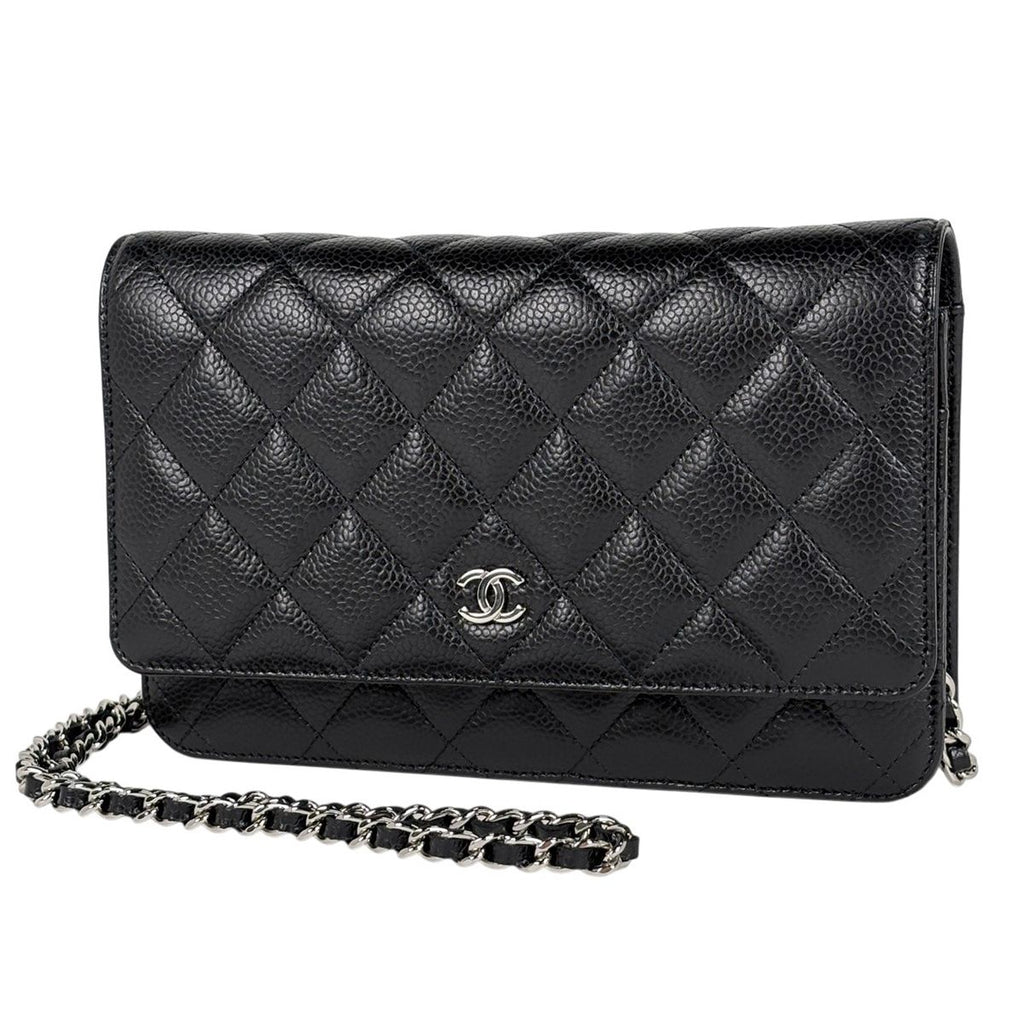 Chanel CC Logo Chain Wallet Quilted Shoulder Bag Caviar Leather Black
