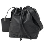 Chanel Logo Chain Shoulder Bag Drawstring Caviar Leather Black