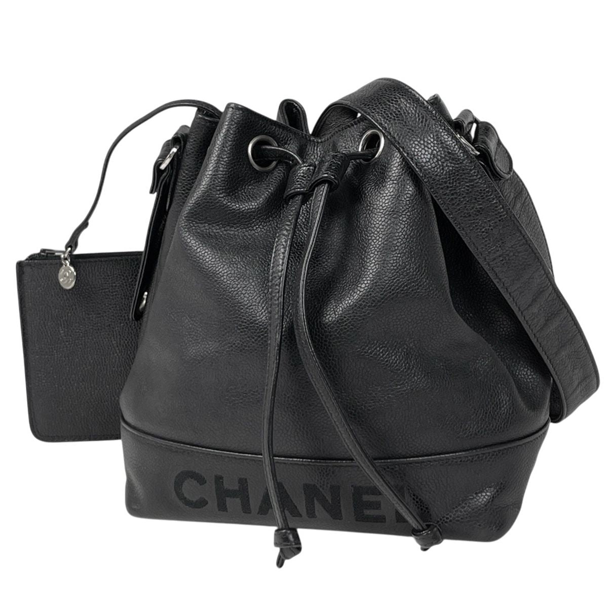 Chanel Logo Chain Shoulder Bag Drawstring Caviar Leather Black