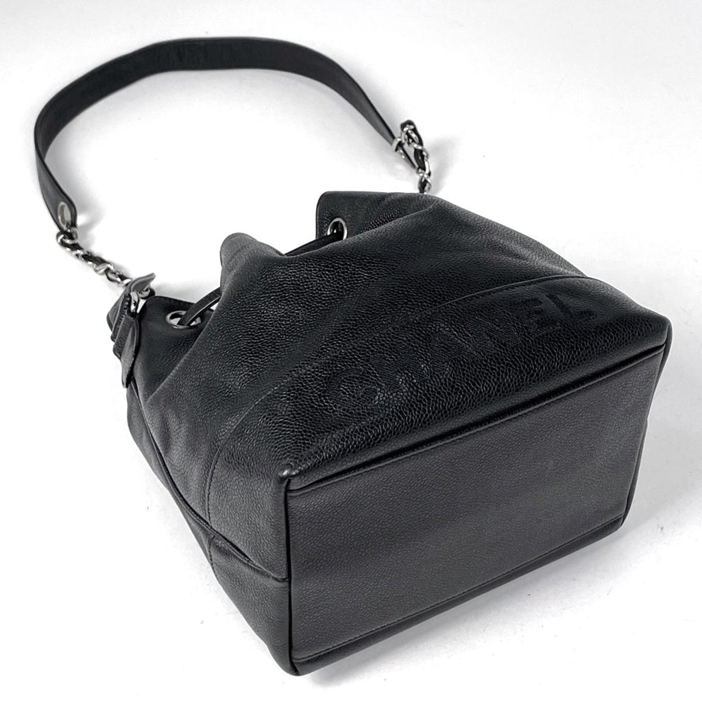 Chanel Logo Chain Shoulder Bag Drawstring Caviar Leather Black — view 2