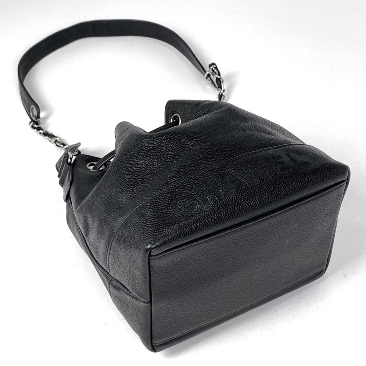 Chanel Logo Chain Shoulder Bag Drawstring Caviar Leather Black — view 2