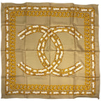 Chanel CC Logo Scarf Chain Pattern Silk Beige Gold