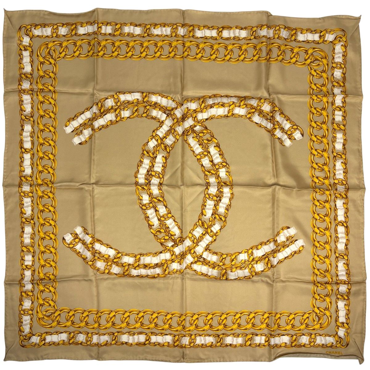 Chanel CC Logo Scarf Chain Pattern Silk Beige Gold