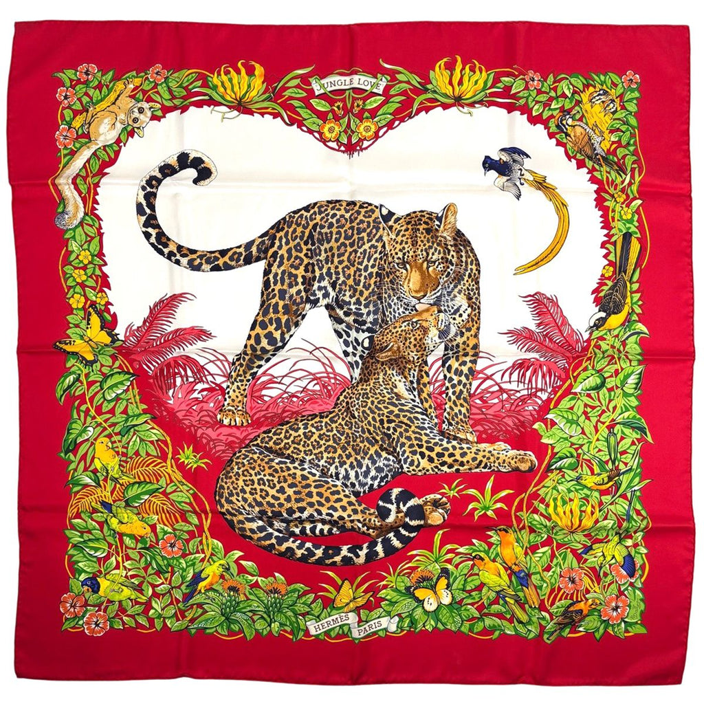 Hermes Carre 90 Jungle Love Leopard Print Scarf Silk Red White Multicolor