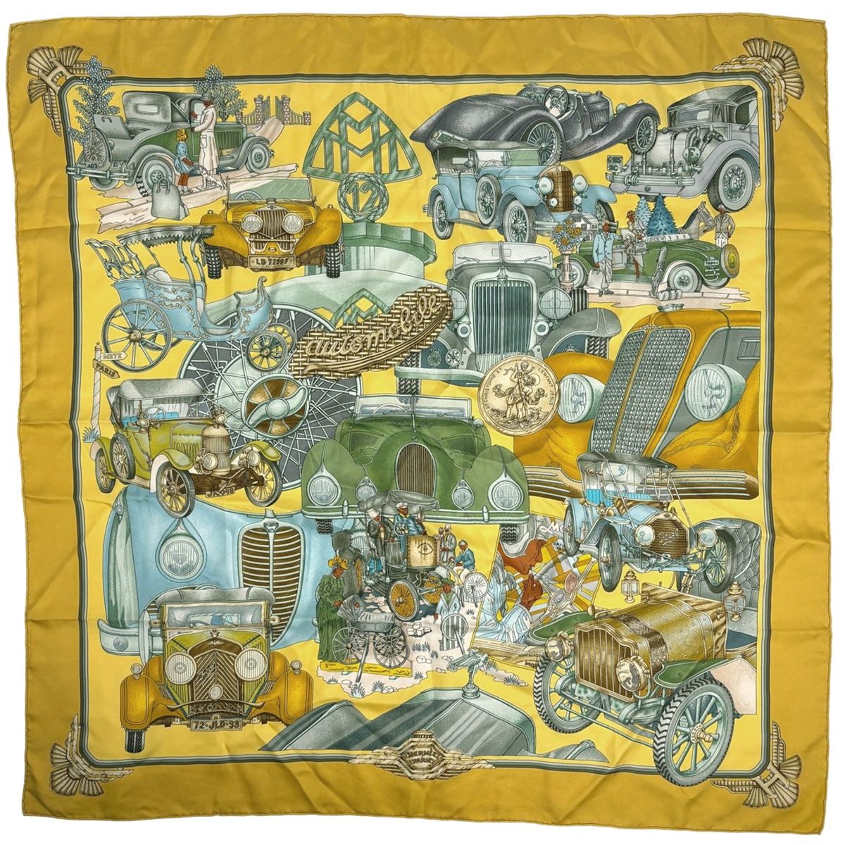 Hermes Carre 90 Automobile Car Scarf Silk Yellow Multicolor