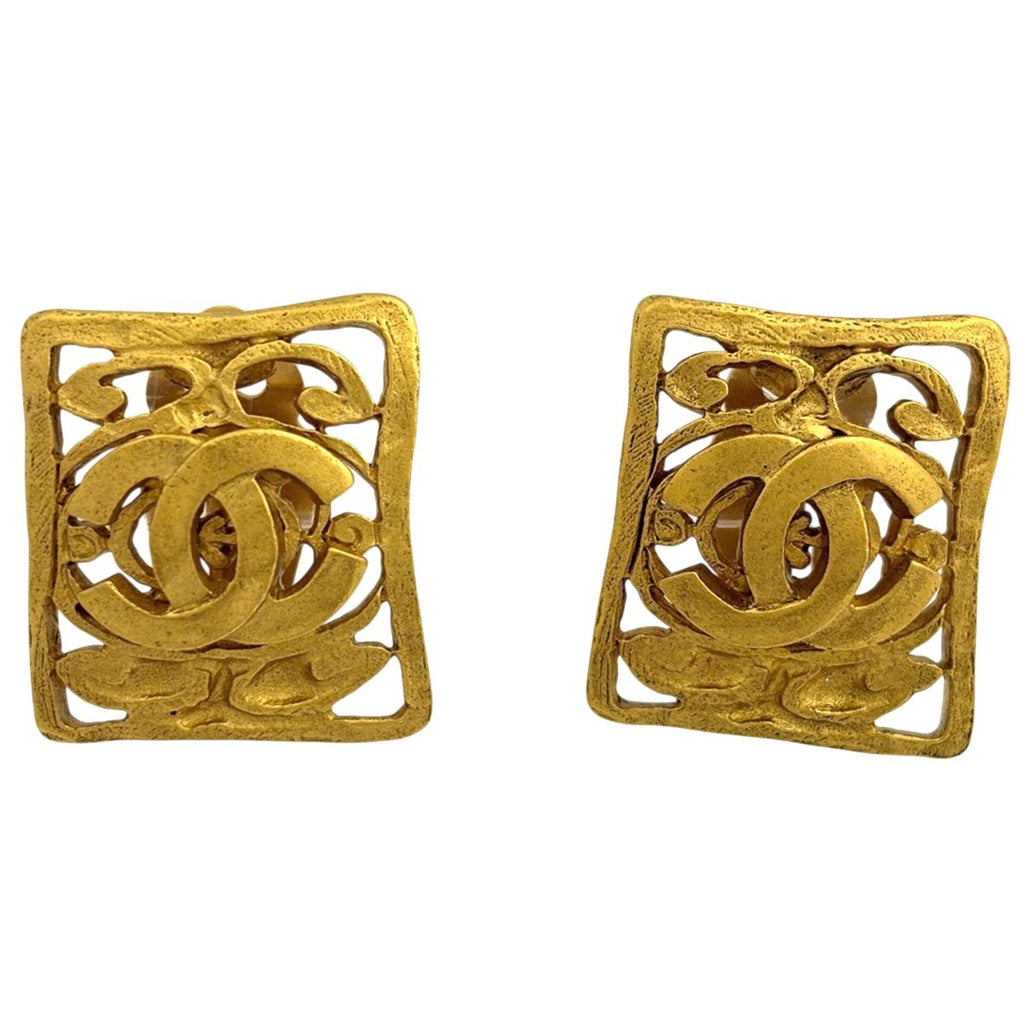 Chanel CC Logo Earrings Square Gold Plated