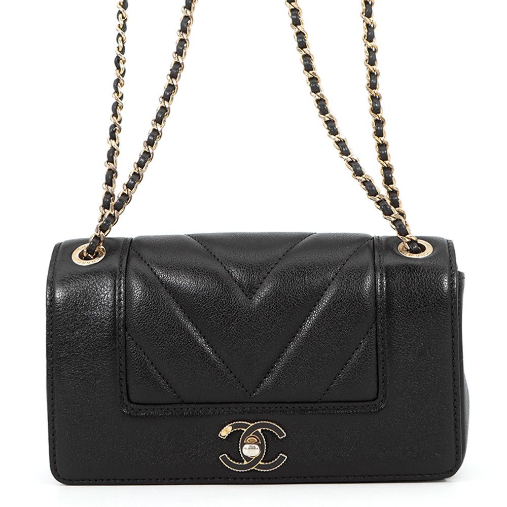 Chanel Chain Shoulder Bag Mademoiselle Stitch Double Flap Leather 2-Way Black