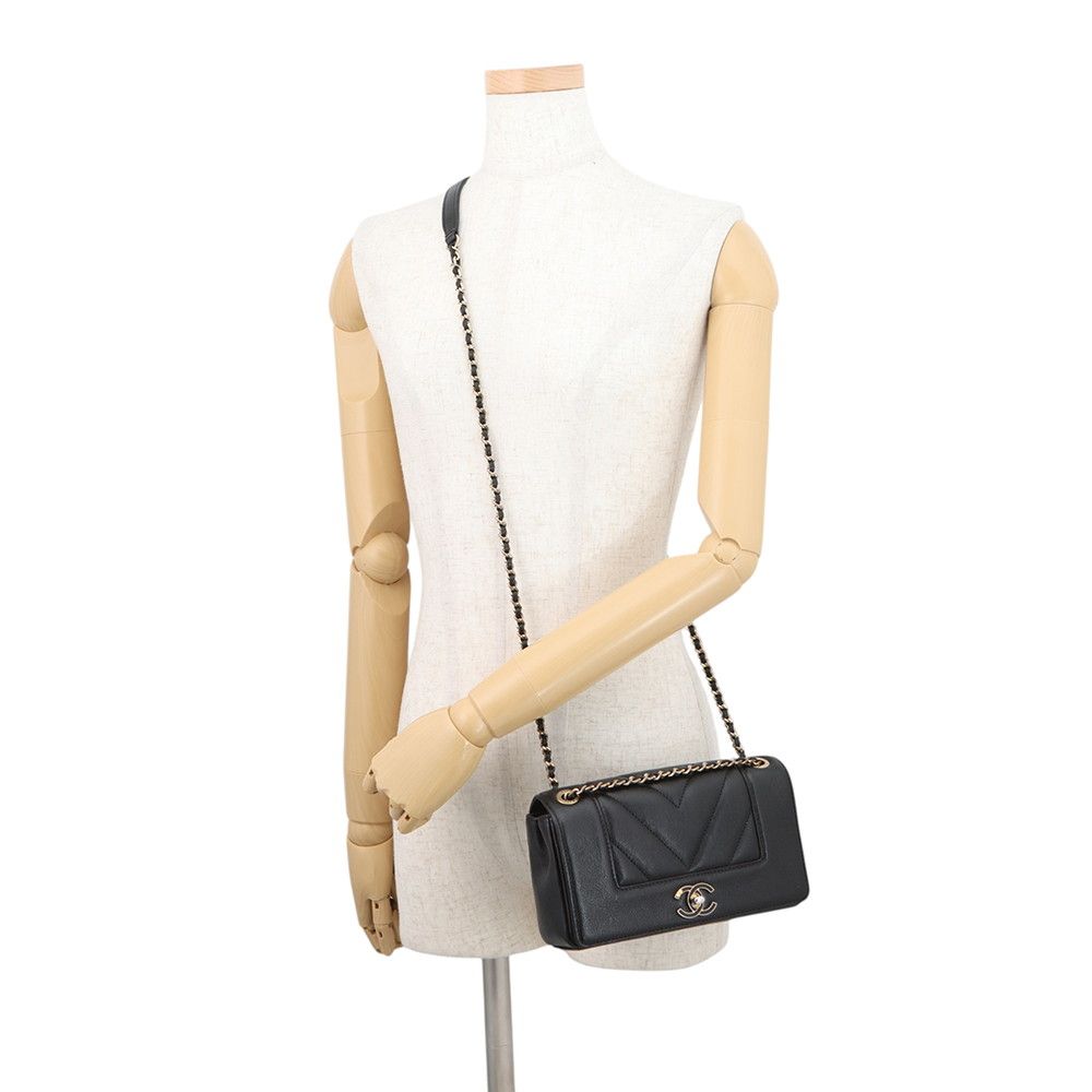 Chanel Chain Shoulder Bag Mademoiselle Stitch Double Flap Leather 2-Way Black — view 5