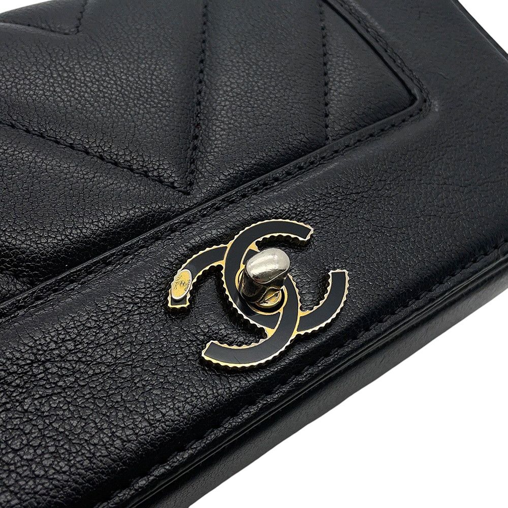 Chanel Chain Shoulder Bag Mademoiselle Stitch Double Flap Leather 2-Way Black — view 8